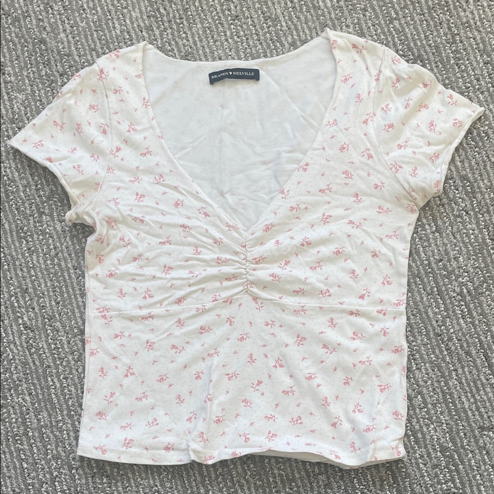 Brandy Melville White and Pink Floral Short Sleeve Top